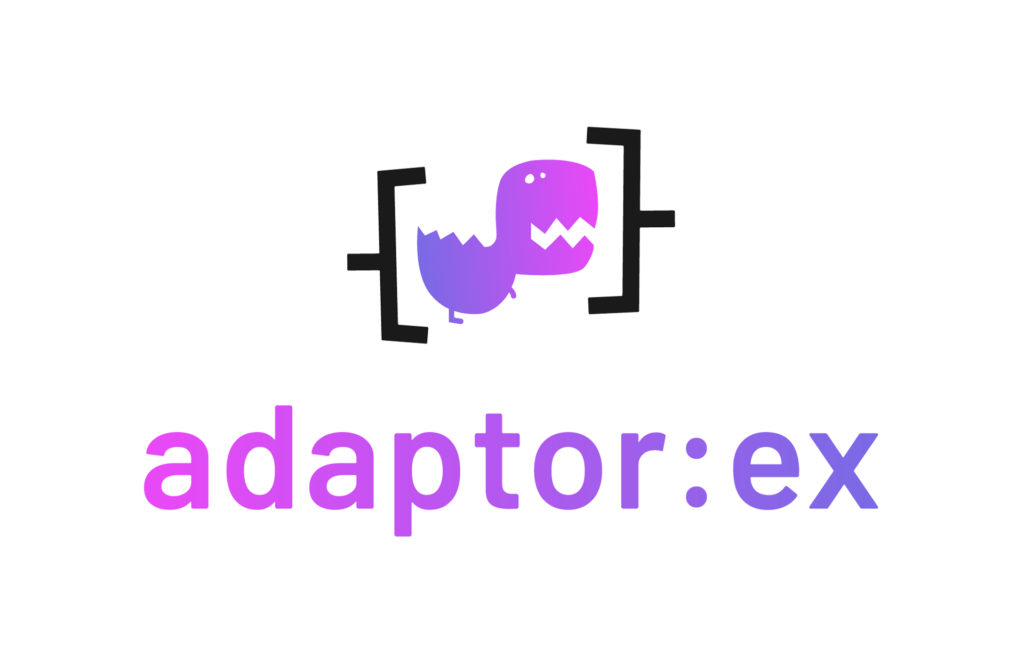 Das Logo von adaptor:ex mit einem Dinosaurier.