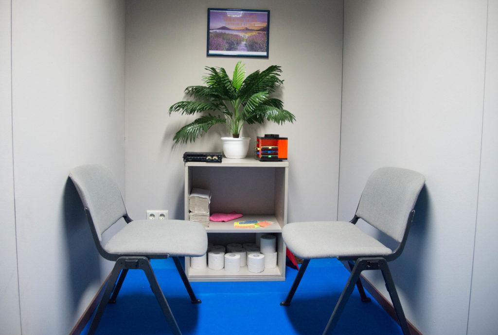 Two chairs face each other in a very small room. A shelf on the wall with a potted plant and toilet paper.