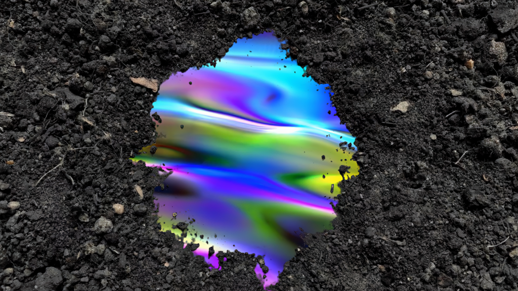 Eine Grafik mit Erde und einer bunt-glänzenden Folie